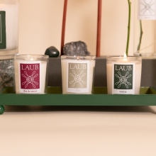 Vela aromática da marca LAUB em frasco de vidro transparente. Rótulo minimalista na frente, destacando a marca. Pavio central e cera perfumada clara.